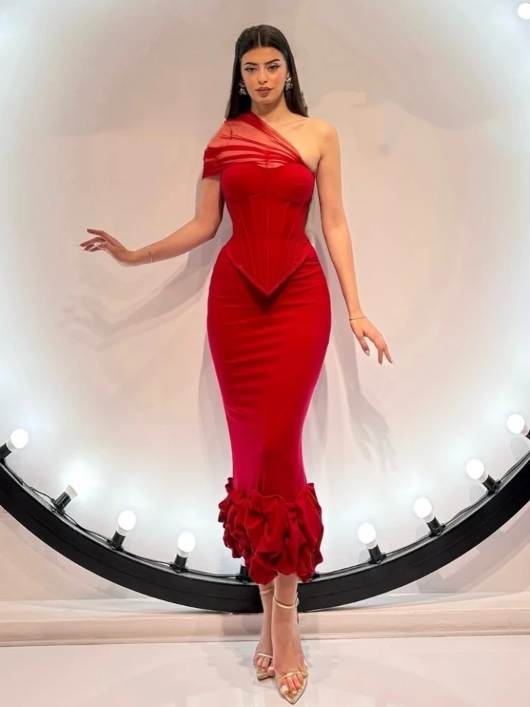 Women Red Skirt Two Piece Set Women Mesh Patchwork Top + Pleated Ruch Bandage Midi Skirts Suits Party Evening Sets