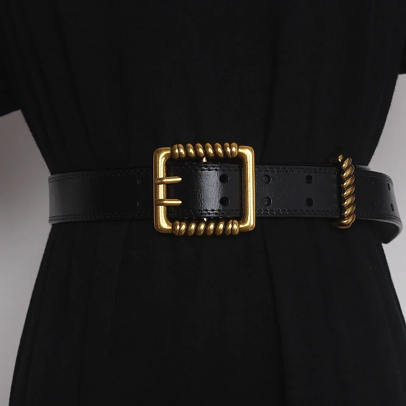 

Women's Runway Fashion Gold Buckle Genuine Leather Cummerbunds Female Dress Corsets Waistband Belts Decoration Wide Belt TB1949