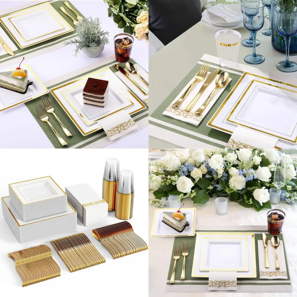 

50-Person Disposable Dinnerware Set: Heavy-Duty Square Plates with Gold Rim, Dinner & Salad Plates, Cups, Napkins, Cutlery