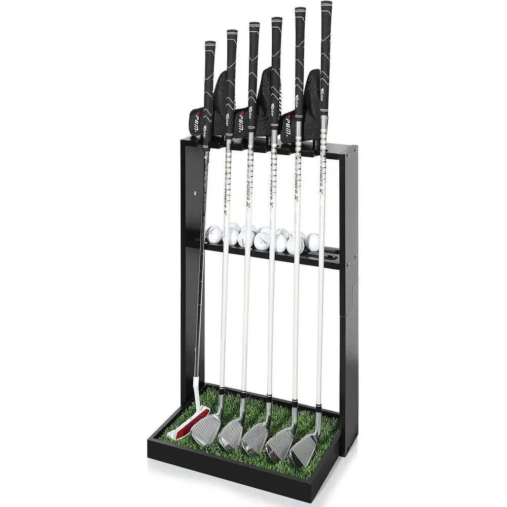 

Wooden Golf Club Rack for 6 Clubs, 18 Balls, and 3 Putter Covers - Ideal for Home Office Simulator