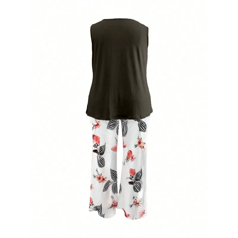 Conjuntos de pantalones con estampado de otoño para mujer de talla grande, traje de dos piezas con cuello redondo, Tops de manga corta, chalecos, pantalones de pierna ancha