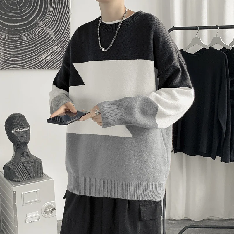 Modny koreański sweter-kurtka z dzianiny w stylu Hong Kong, luźny, casualowy dla mężczyzn, okrągły dekolt, model zimowy, włókno poliestrowe, młodzieżowy, casual...