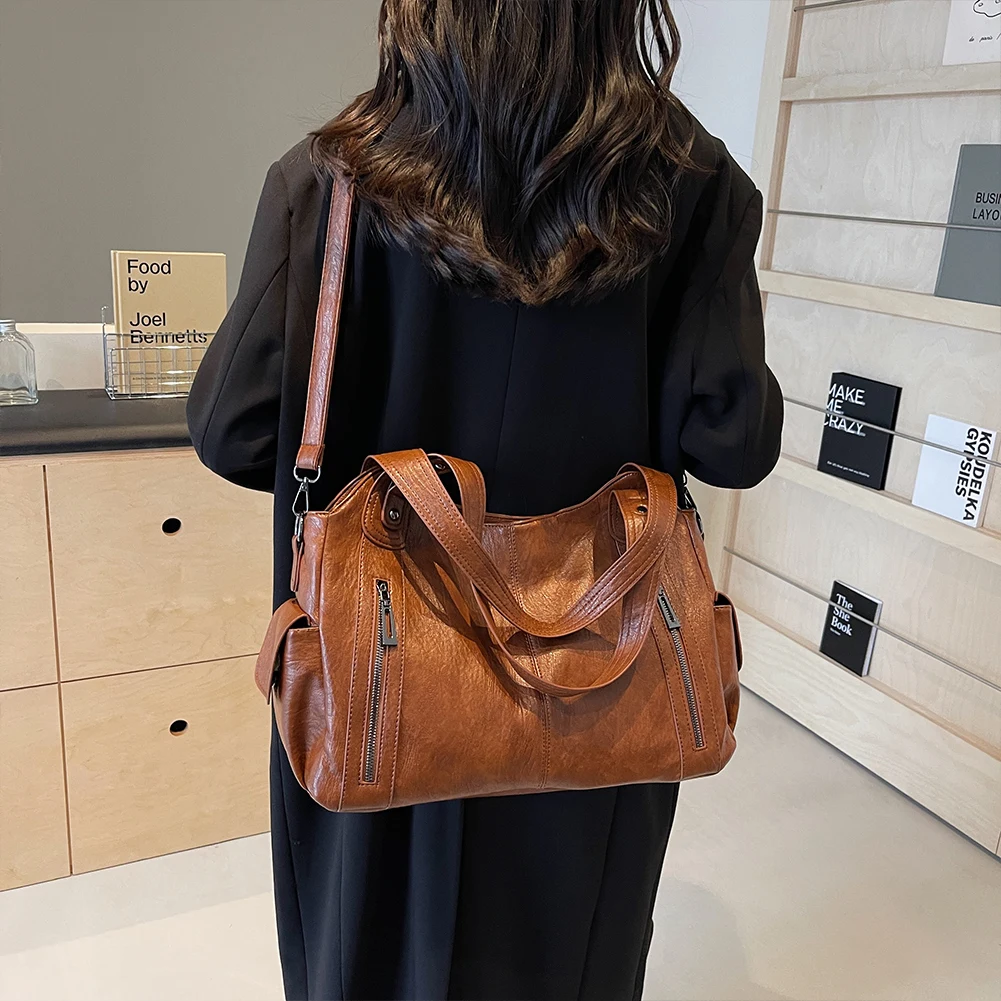 حقيبة كتف ذات سعة كبيرة، متعددة الجيوب، حقيبة كروس من جلد البولي يوريثان مع سحاب، حقيبة يد كاجوال متعددة الاستخدامات