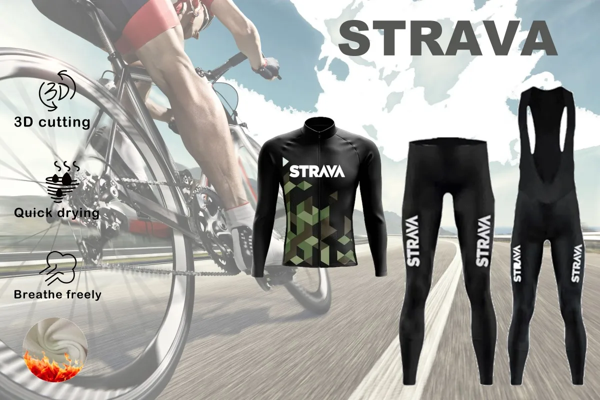 STRAVA Bike Road Mountain Bike Mens Jacket Winter Fleece Long Sleeve Long Pants Cycling Jersey Three-Piece Christmas Gift