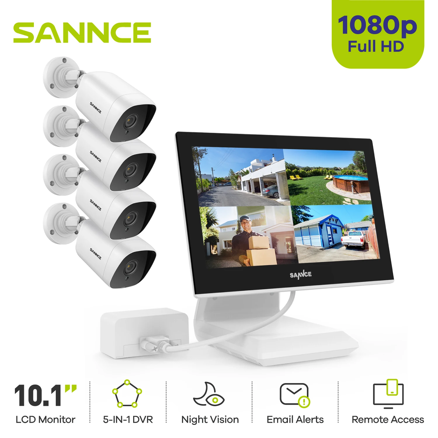 

SANNCE 1080P Security Camera 10.1" LCD DVR System Smart IR Night Vision Waterproof Video Camera Surveillance Kit Remote Monitor