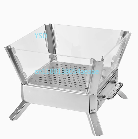 Estufa de leña de acero inoxidable para acampar al aire libre, soporte plegable portátil para hoguera con cristal de cuarzo.