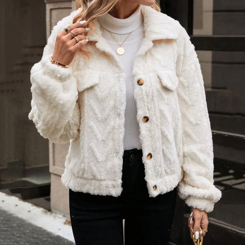 Windproof Coat Stylish Double-sided Plush Women's Jacket with Turn-down Collar Button Closure Warm Winter Coat for Commuting