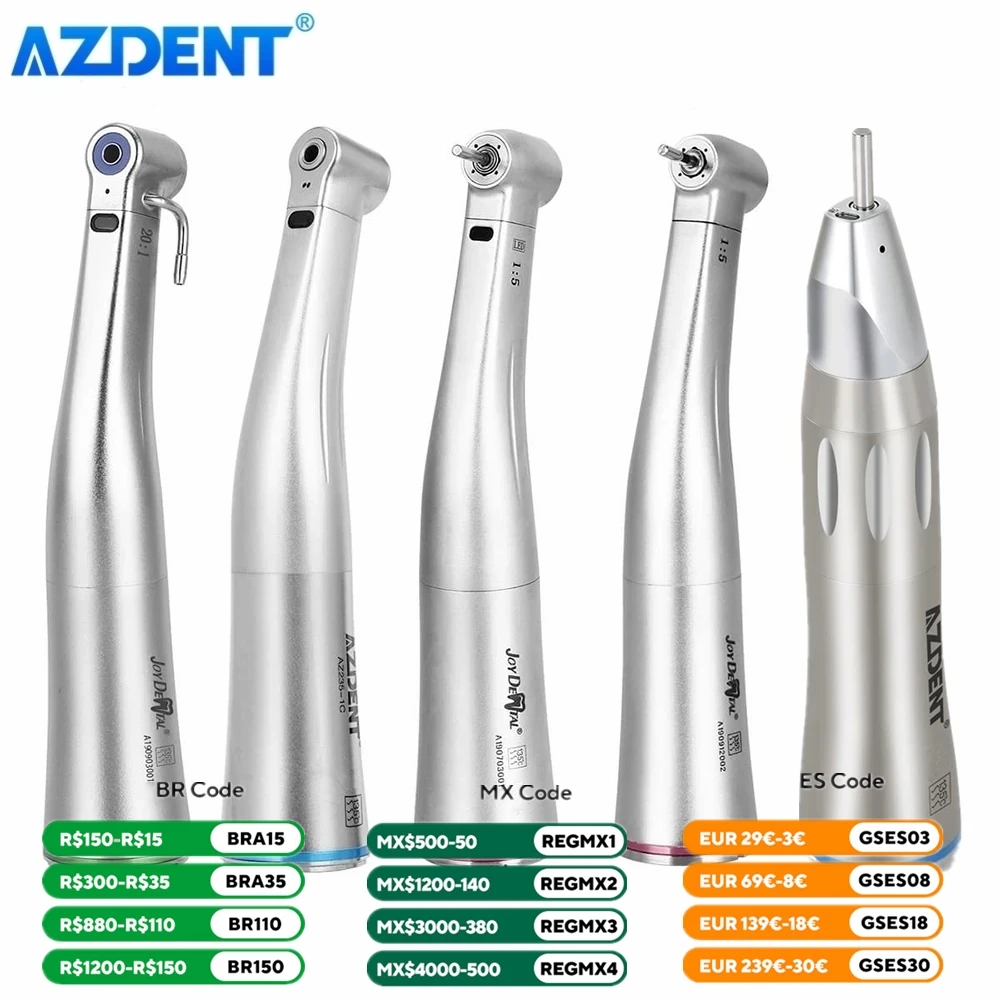 Pieza de mano Dental de baja velocidad AZDENT 1:5 1:1 fibra óptica LED contraángulo rodamiento de cerámica interno 4 botones de pulverización