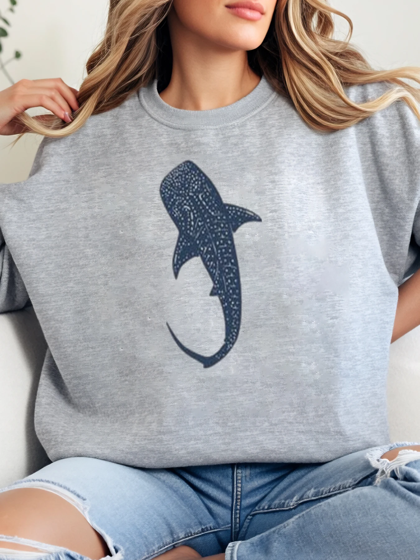 

Толстовка с круглым вырезом и принтом китовой акулы, летняя повседневная одежда, женский свободный топ большого размера, большие размеры