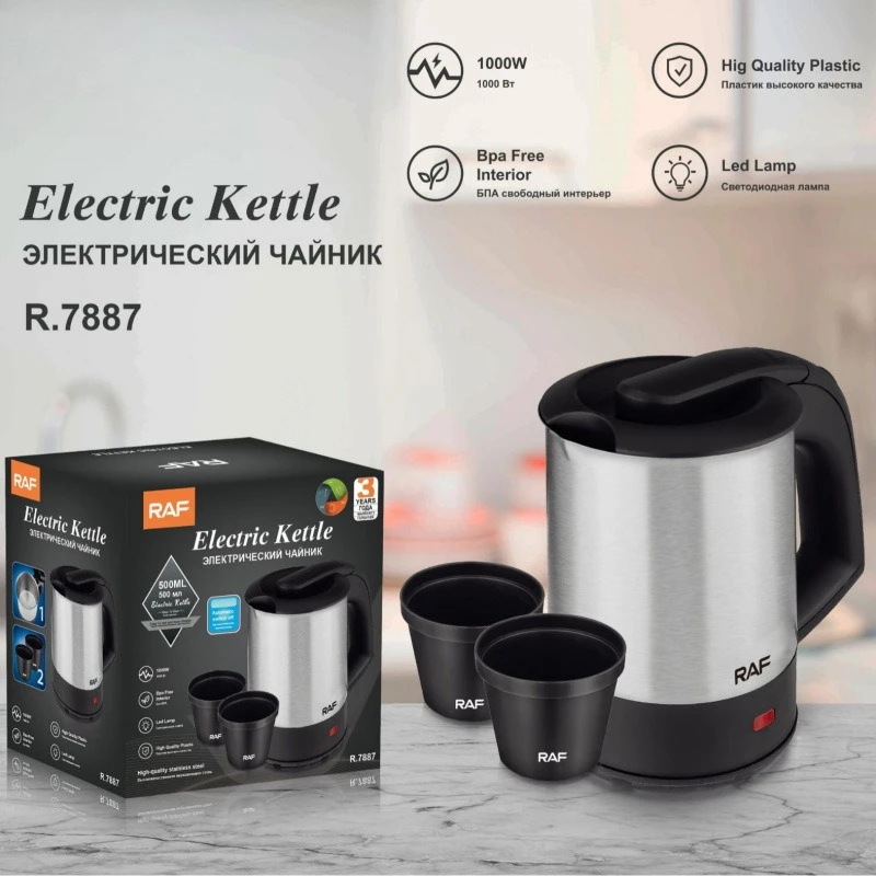 

Stainless Steel Electric Kettle 0.5L Auto Shut Off EU Plug Fast Boiling Water Heater