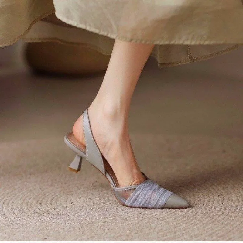 For Party and Weddings Summer 2024 Sandals Women Pointed Toe Ladies Shoes Lace with Medium Heels Footwear Chic Elegant Casual H