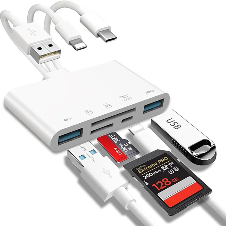 5-in-1 Memory Card Reader,USB OTG Adapter & SD Card Reader for i-Phone/i-Pad,USB C and USB A Devices with Micro SD & SD Card