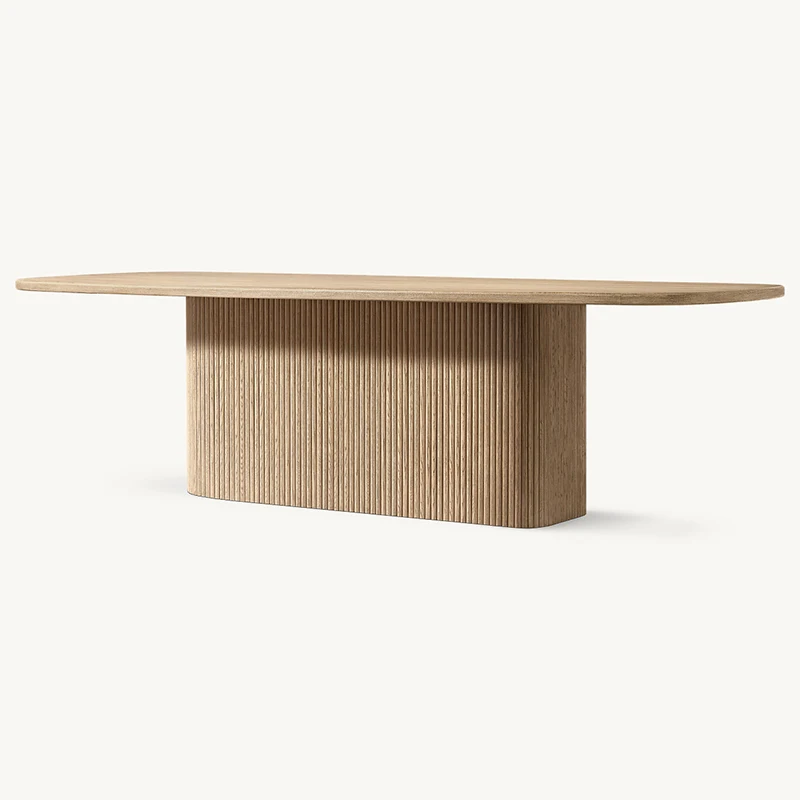 Dream Home Weathered Natural Oak Dining Table Full Length Fluted Solid Base Organic Racetrack Top High End Interior Dining Table