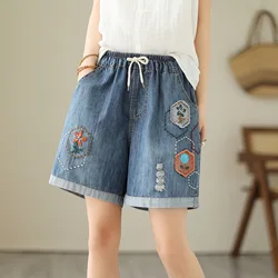 Aricaca-Mulheres Bela Flor Bordada Denim Shorts, Cintura Elástica, Perna Larga, M-2XL