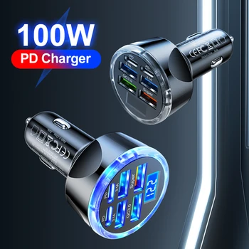 100W6 In1Ports araç şarj hızlı şarj PD QC3.0 USBC araç telefonu şarj tipi C adaptörü arabada iPhone Samsung Huawei Xiaomi