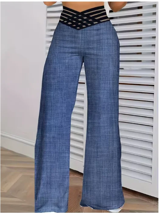 

Женские расклешенные брюки, элегантные офисные женские повседневные брюки с высокой талией, весна-лето, однотонные широкие брюки с прозрачной сетчатой нашивкой крест-накрест