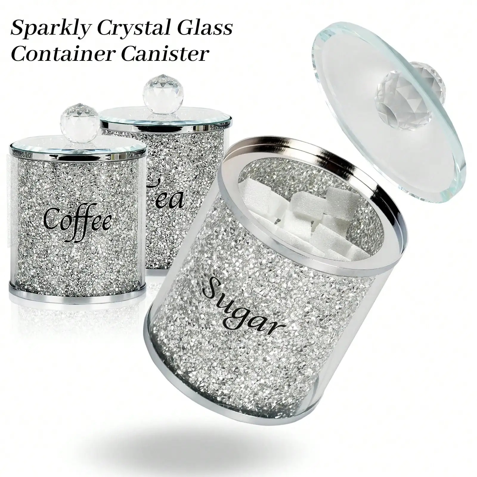 Coffee Sugar Tea Canister Set Sparkly Glam Crushed Diamond Kitchen Storage Container Set 4 Piece Silver Glass Jars With Lids And Mirrored Tray For Kitchen Countertop Coffee Bar Dining Room Home Decor Housewarming Gift view 4