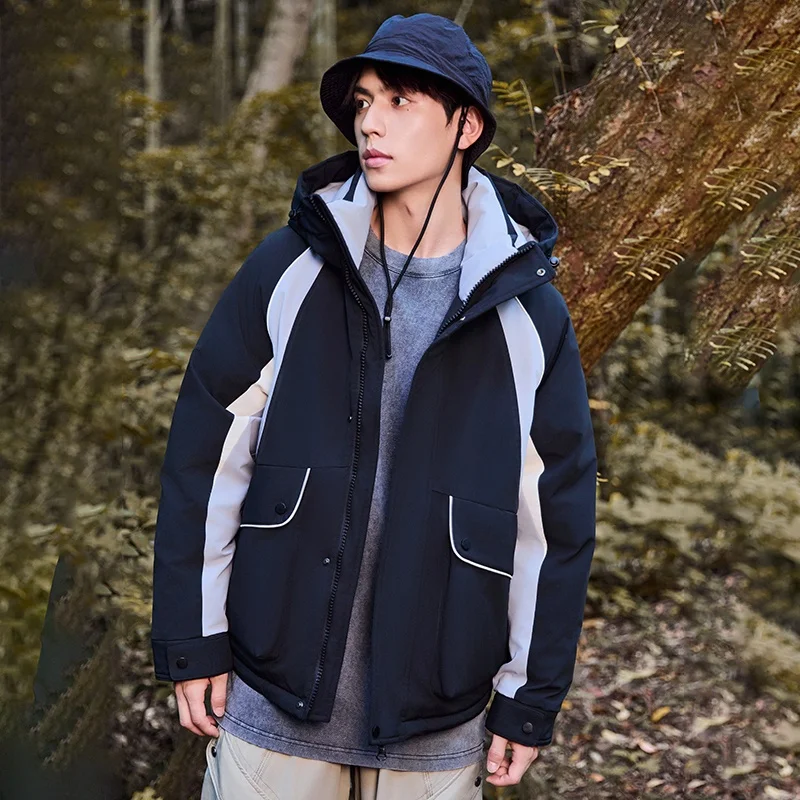 

Winter Outdoor Color Block Unisex Hooded Down Jacket Plush Lined Thickened Warm Loose Fit Casual Couples Coat