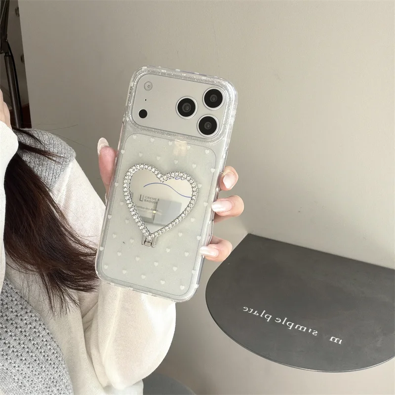 Clear Glitter Little Love Heart Phone Case For iPhone 17 Pro 16 15 14 Pro Max Cover with Love Heart Mirror Stand Cute Cases Fund
