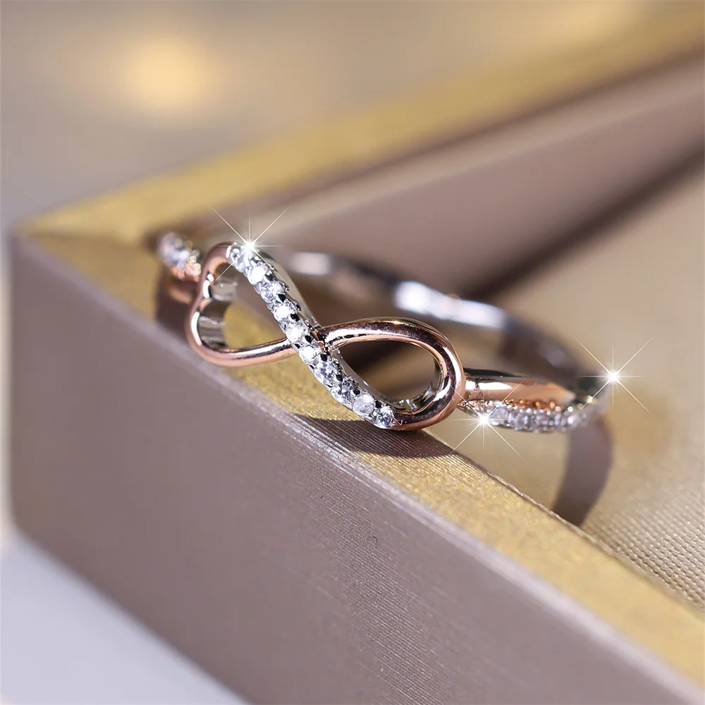 Simple Trendy 8 Shape Infinity Ring White Zircon Engagement Rings For Women Rose Gold Silver Color Wedding Band Two Tone Jewelry