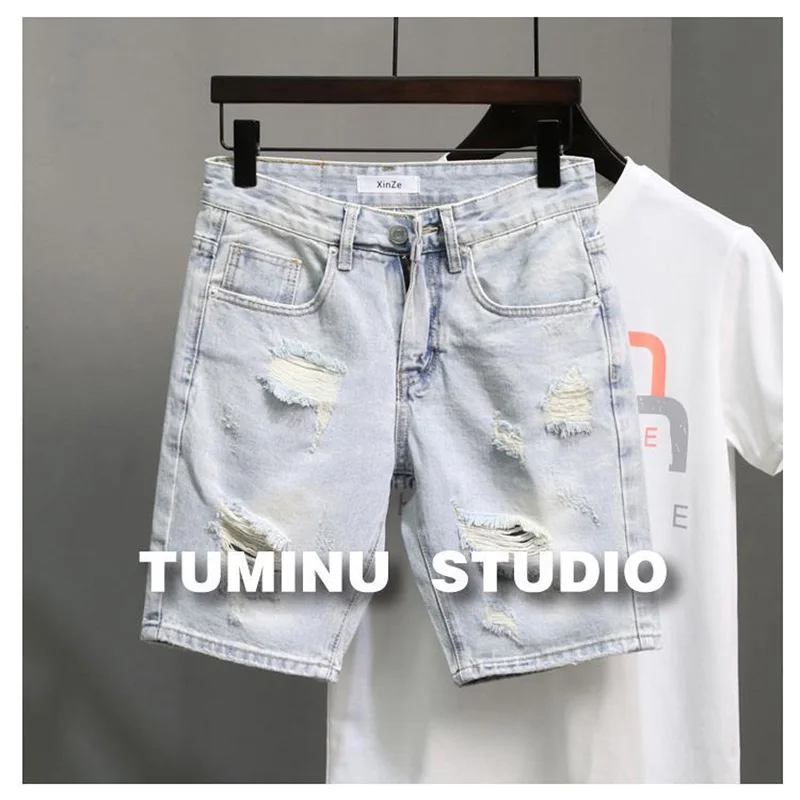 

2026 Men's Distressed Denim Shorts Summer Baggy Casual Light Blue Washed Jeans Shorts Streetwear Vintage Loose Fit Short Pants