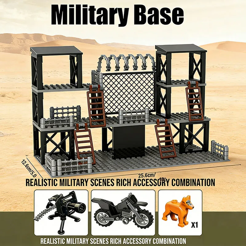 

Military Base Building Blocks Set for Boys, Army Base Building Kit with Motorcycle & Dog Figures, Stem Construction Toy, 25.6cm