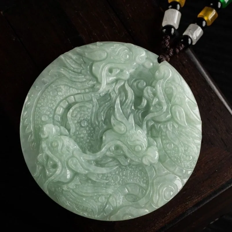 

Genuine Jadeite Natural Carving Double-sided Kowloon Protector Jade Pendant Lucky Pendant Dragon Pendant