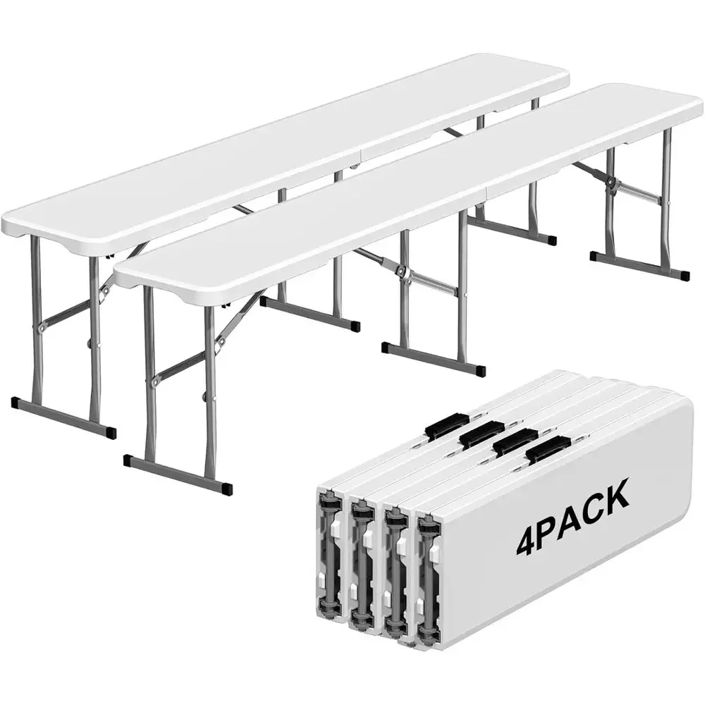6-Foot Folding Benches for Outdoor Dining, Picnic, Camping, and Garden Parties - White HDPE Tabletop