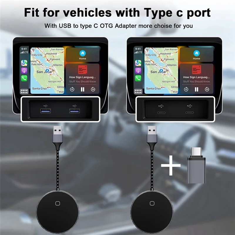 محول تلقائي Carplay 2 في 1، محول لاسلكي Carplay سريع تحويل سلكي إلى Carplay اللاسلكي