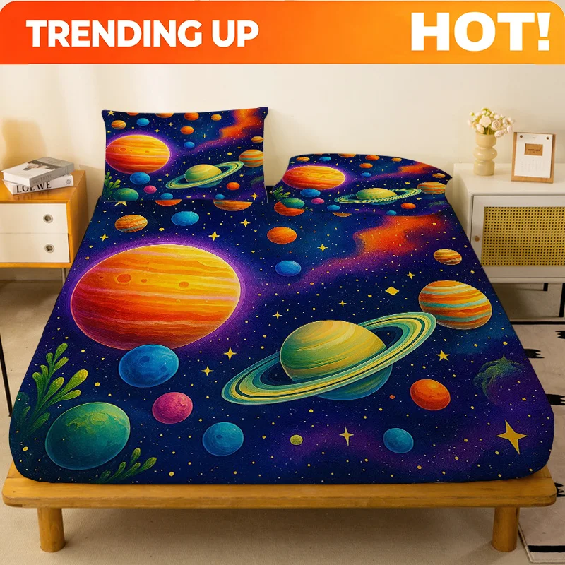 Customize 1pc Twinkling Galaxy Planet Orbit Pattern Fitted Sheet, Single Deep Pocket Fitted Sheet, No Pillowcase, Soft Wash Fabr
