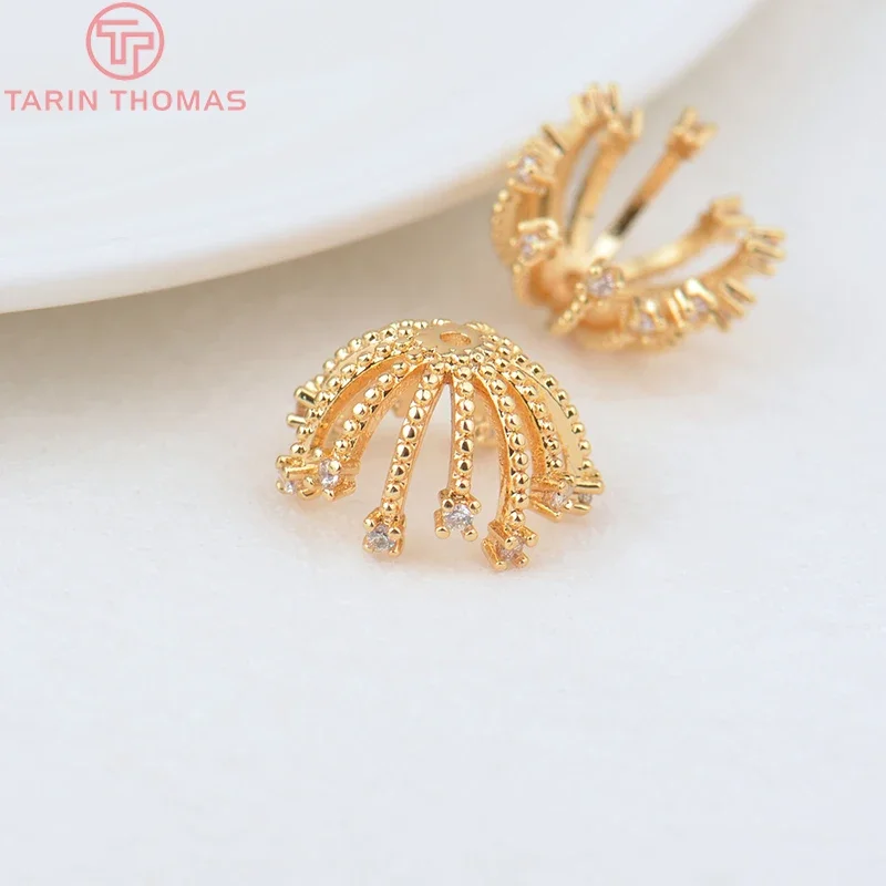 

(3191)4PCS 13MM Hole 1MM 24K Gold Color Brass with Zircon Flower Bead Caps High Quality Jewelry Making Findings Accessories