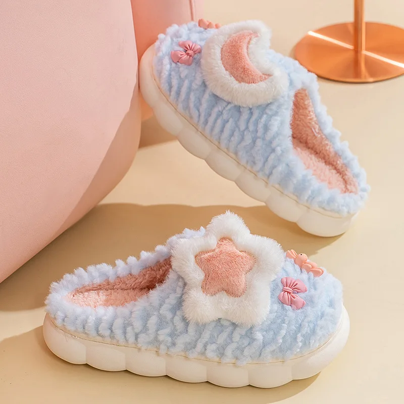 Winter Women's Slippers Cute Stars and Moon Cartoon Fluffy Slippers Non-slip House Slides Women Warm Toe Wrap Home Cotton Shoes