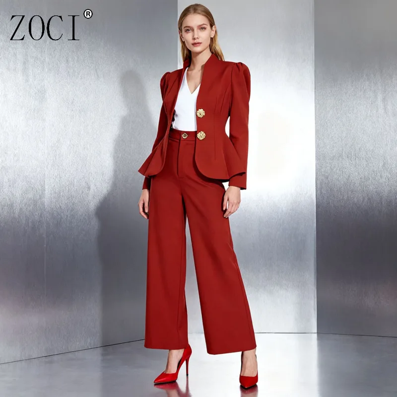 

ZOCI однотонный костюм для женщин, короткие пиджаки, однобортные пальто, прямой костюм, брюки, красный костюм с v-образным вырезом, куртки, новинка осени 2023 г.