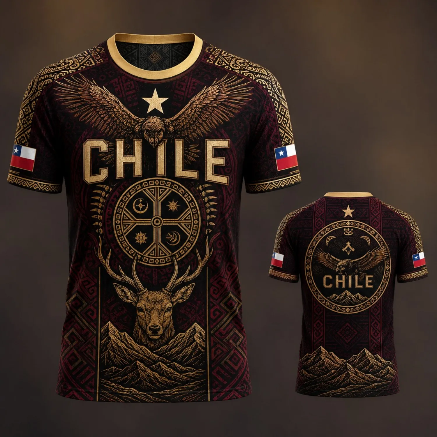 Mens Crew Neck Tshirt Chile Burgundy Gold Eagle Deer Mountain Graphic Short Sleeve Casual Street Outdoor Team Style Top Wear Tee