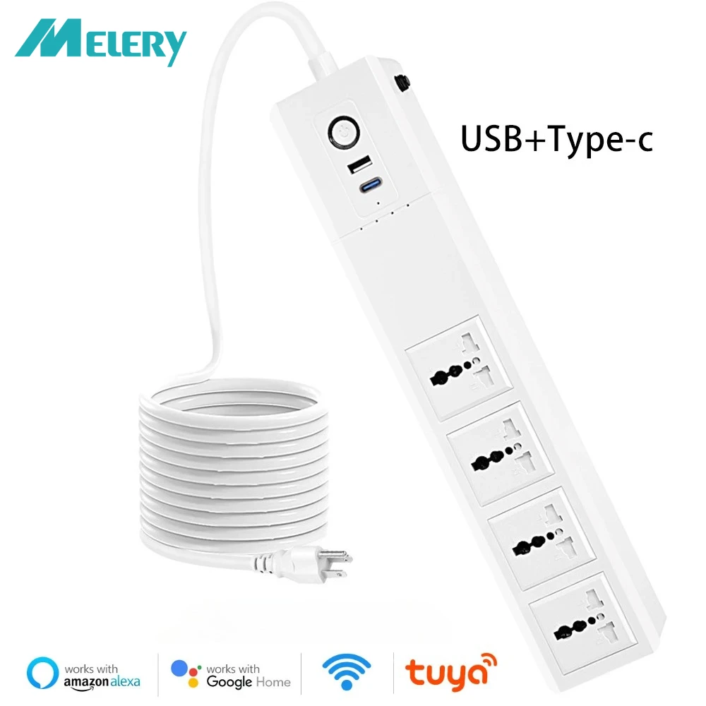 

Умный удлинитель Melery Tuya Wi-Fi, универсальная розетка, розетка USB A & C, дистанционное голосовое управление, защита от перенапряжения Alexa Google Home