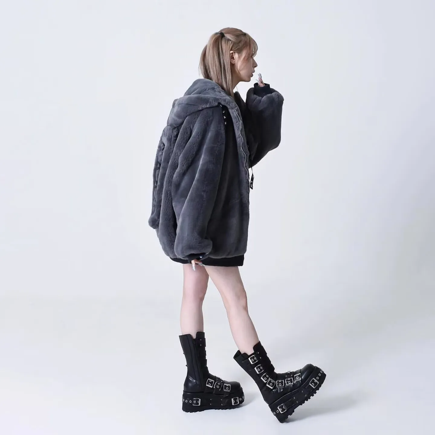 Harajuku Subculture Rabbit Ear Faux Fur Hoodie Women Gothic Y2K Plush Coat Thick Warm Oversized Casual Winter Streetwear Jacket