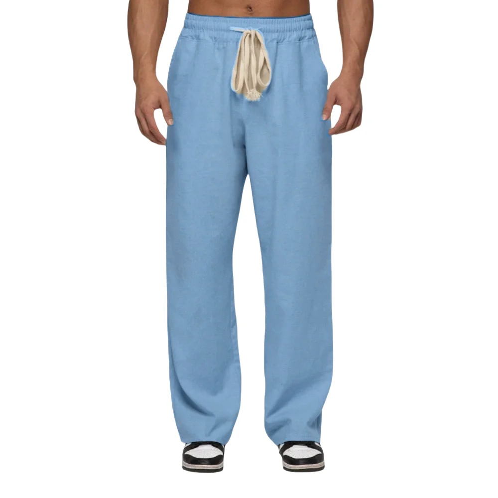 Summer men's style cotton and linen straight, breathable and loose casual pants, solid color elastic waist drawstring sweatpants