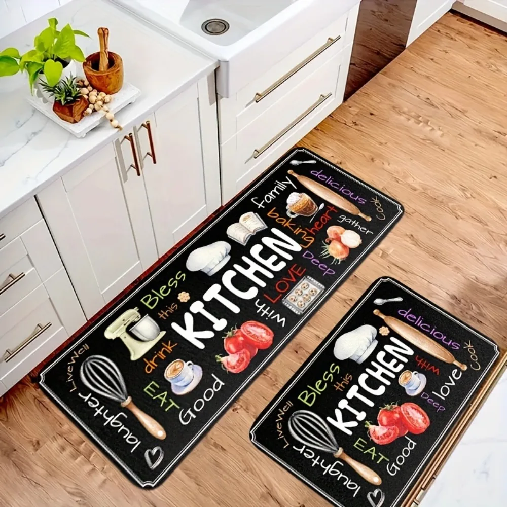 Kitchen Theme Carpet Mat Rug - Food Love Joy Design Home Decoration with Cooking Utensils Pattern Living Room Decoration Home