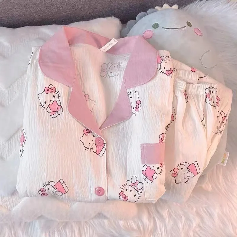 

Y2K пижамный комплект Hello Kitty, милая милая домашняя одежда в стиле аниме Sanrio, летняя ночная рубашка, комплект для девочек, студенческий пижамный комплект, домашняя одежда