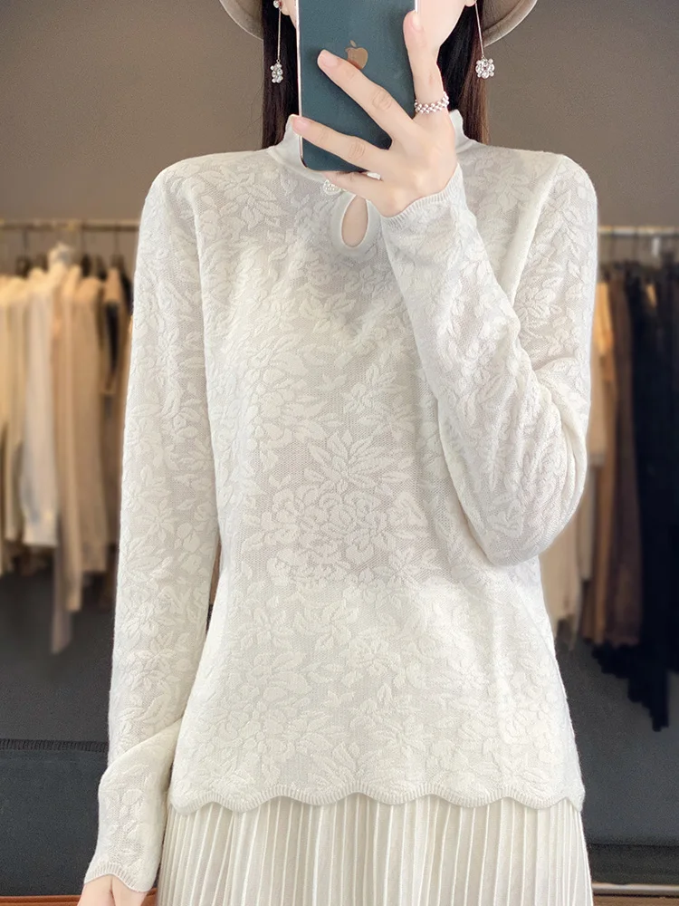 

Loose Knitted Lace Silk Woolen Base irt Chinese Sle Button Design Autumn Winter New Arrival Women's Top Long Sve Crew ...