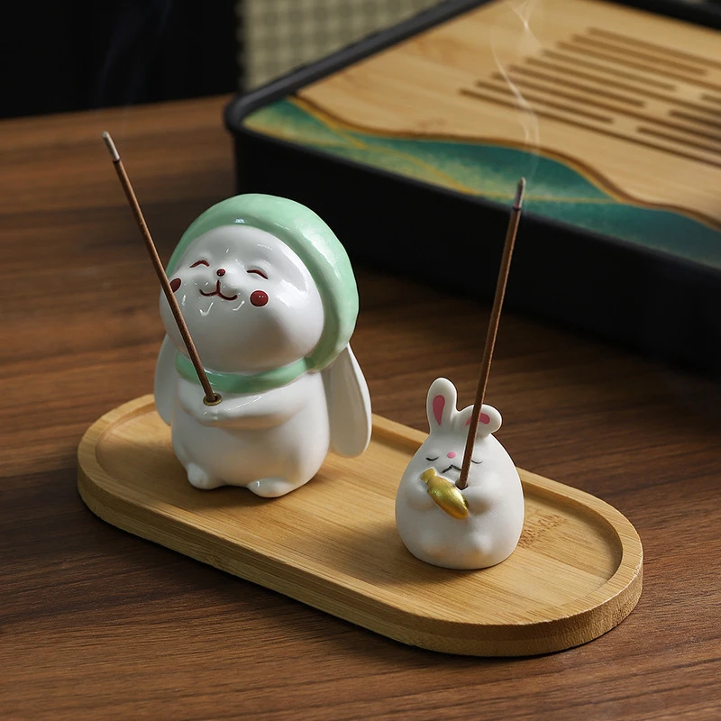

Cute Wishing Rabbit Incense Burner Rack Sandalwood Stick Holder Resin Ornaments Home Indoor Incense Cable Accessories