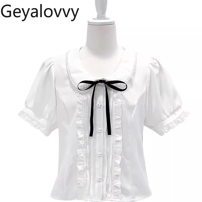 

Summer New Japanese Sweet Girls Short-sleeved Doll Collar Shirt Versatile Single Breasted Blouse Beaded Bow Tie Cute Tops