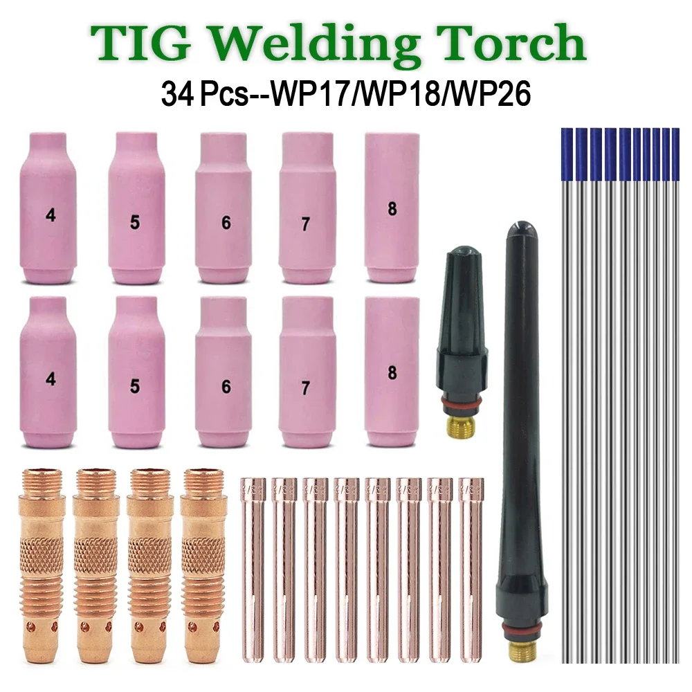 

34PCS TIG Welding Torch Kit Accessories with Alumina Ceramic Nozzle Blue WL20 Tungsten Electrodes For WP17 WP18 WP26 Consumables