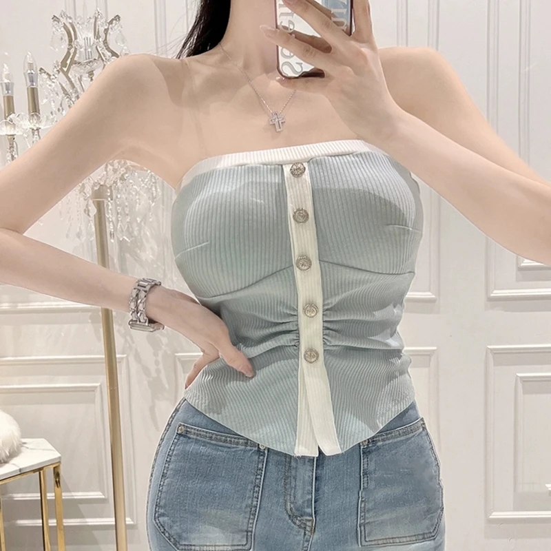 Spring Summer New Style Slim Fit Color Block Button Decorated Short Sleeveless Wrap Chest T Shirt Women's Top Fashionable Bod...