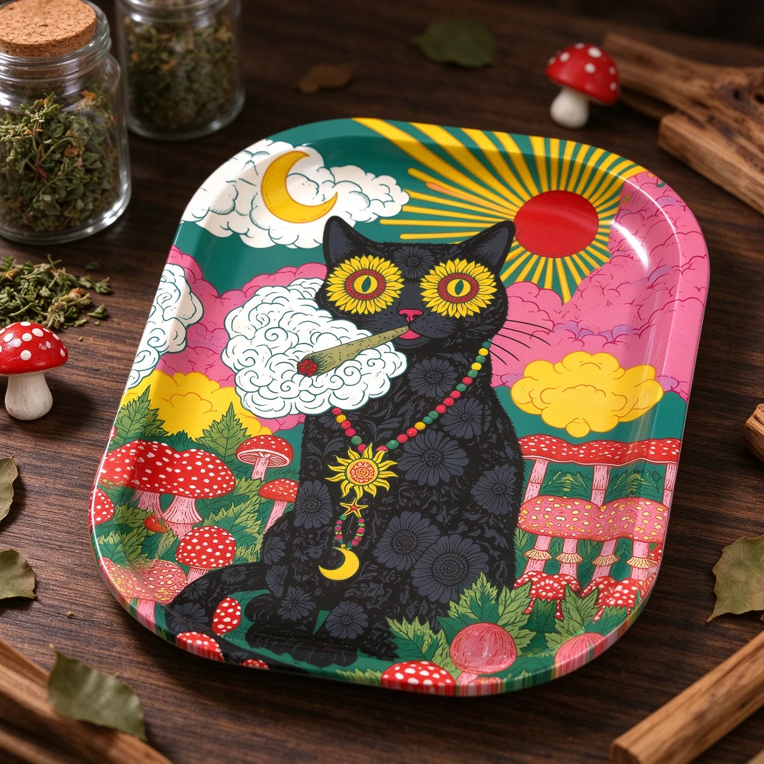 5.5*7inch Premium Metal Rolling Tray Cat Design Tray for Herbs & Smoking Accessories