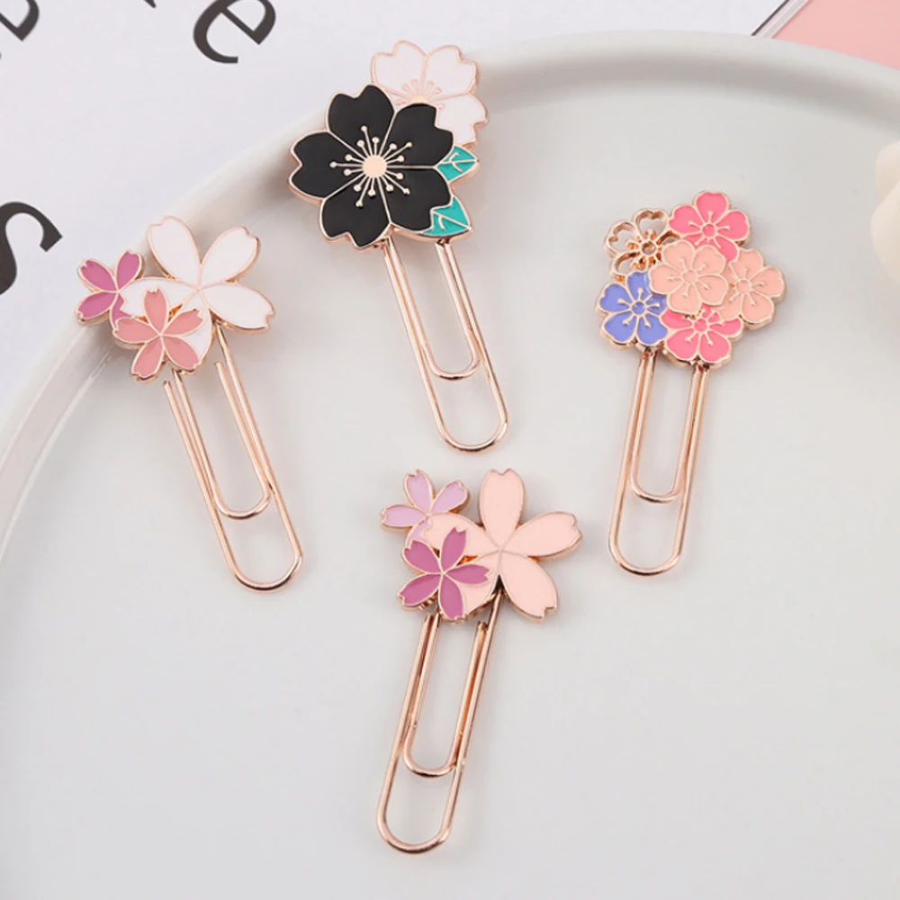 1pc pink Sakura Flowers Metal Bookmark Exquisite Cherry Blossom Paper Clip
