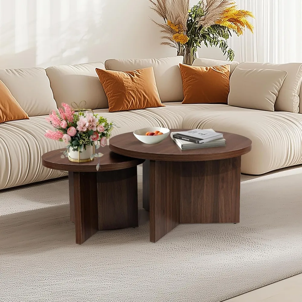 Nesting Coffee Tables Set of 2, Modern Stacking Table with Wood Grain Finish, End Table Side Tables for Living Room (Walnu