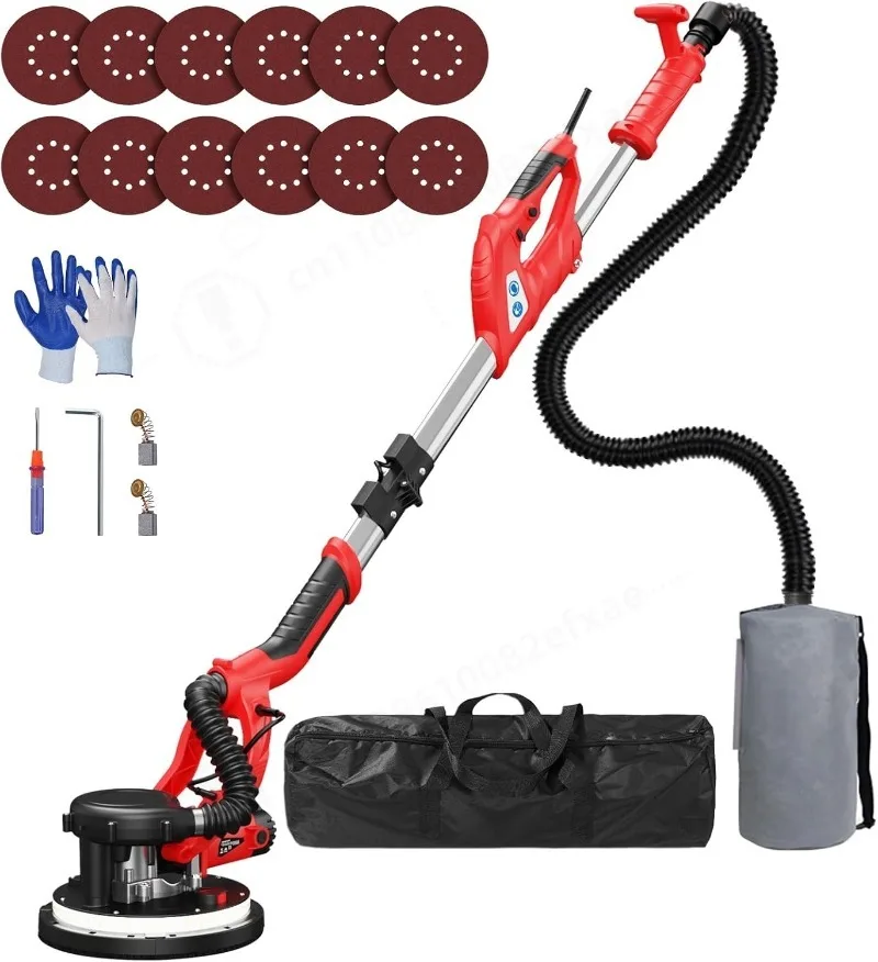 Drywall Sander, Red, 7 Variable Speed 800-1800RPM, Vacuum Dust Collector, LED Light, Extendable Handle for Wall Polishing