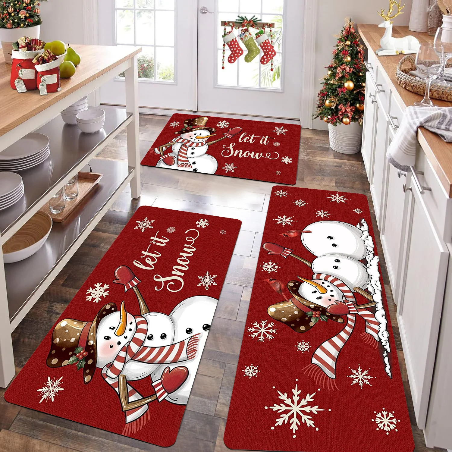 VIKAMA Christmas Kitchen Runner Set Non Slip Washable Cartoon Snowman Snowflake Floor Mats Xmas Holiday Rug for Rustic Farmhouse