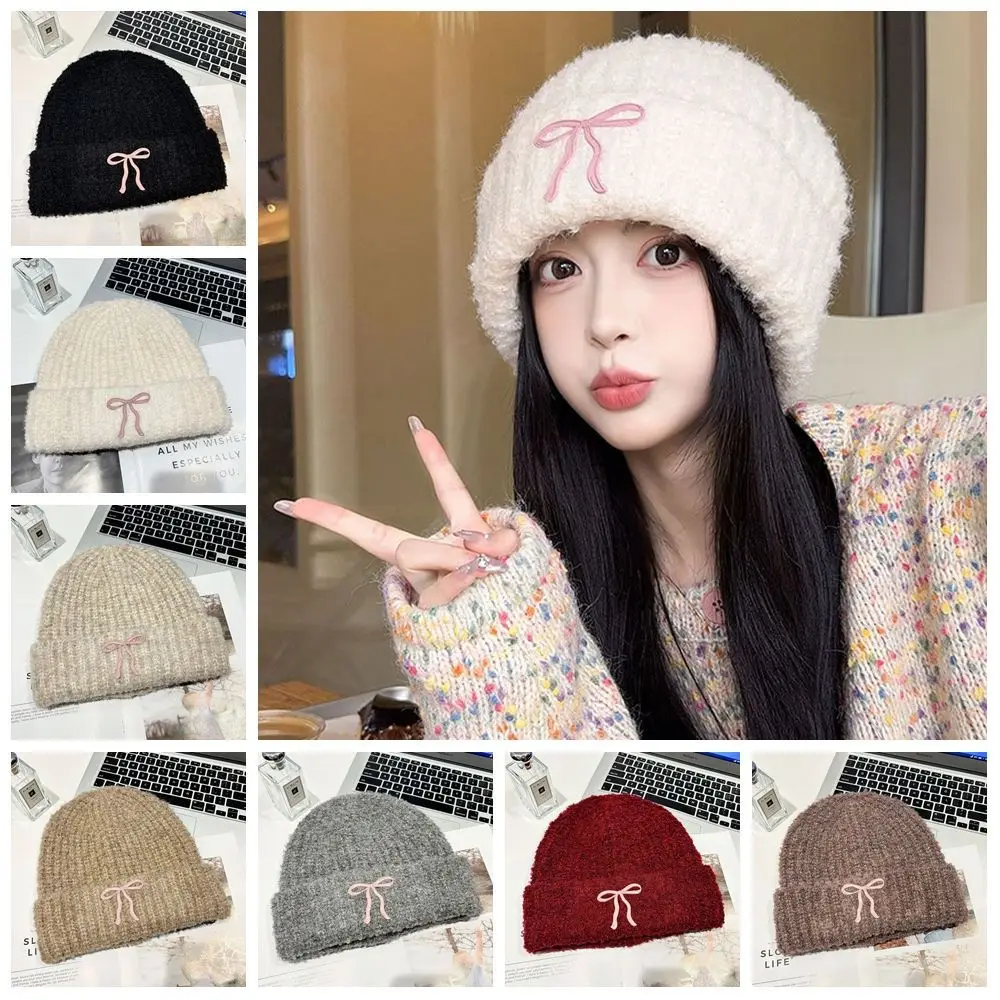 Cute Solid Color Bow Knitted Hat Warm Cap Korean Crochet Basin Cap Jennie Style Wool Hat Knit Beanie Warm